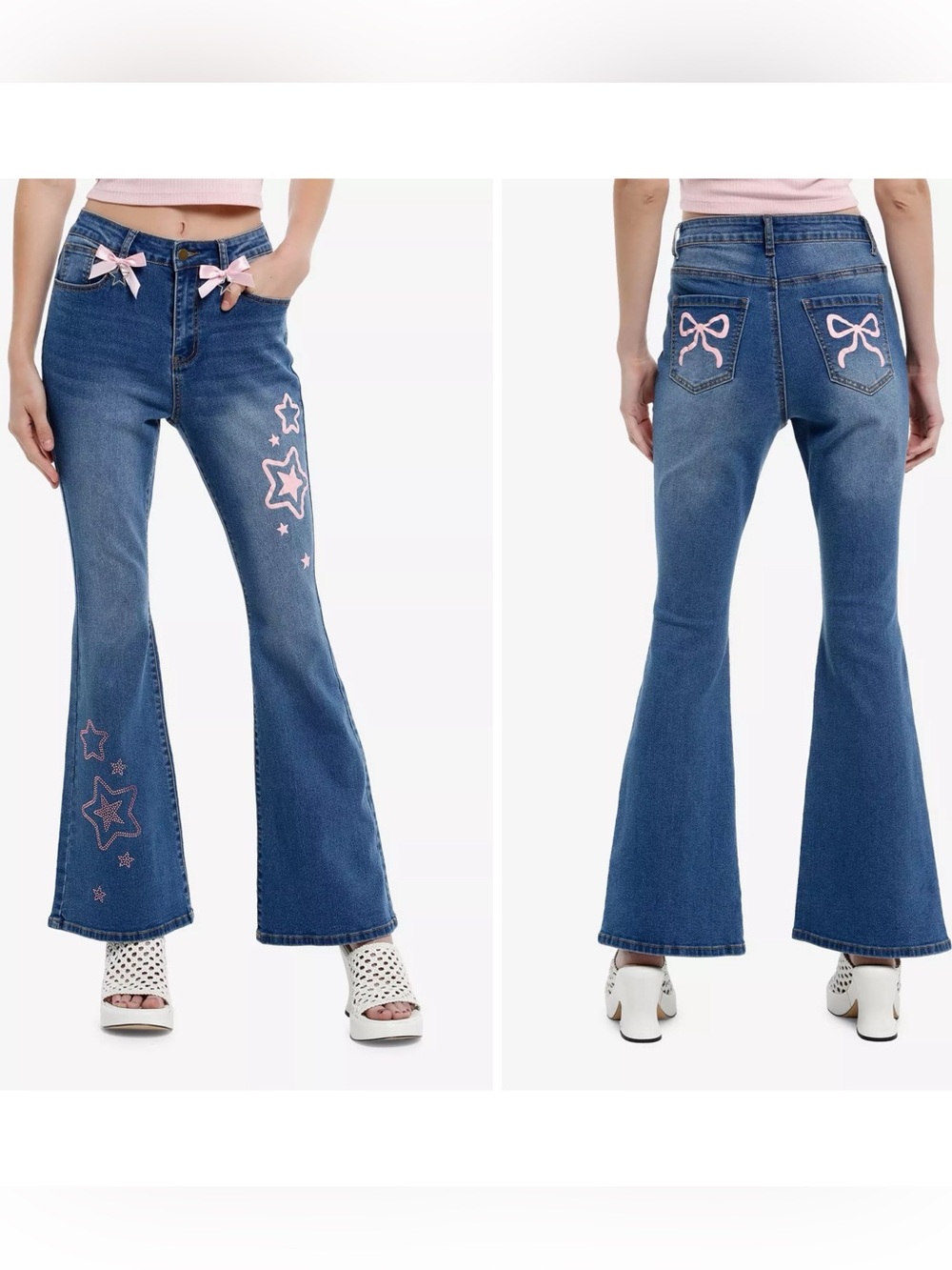 HOT TOPIC Indigo Pink Bows & Rhinestone Stars Flare Jeans Size 9 NEW